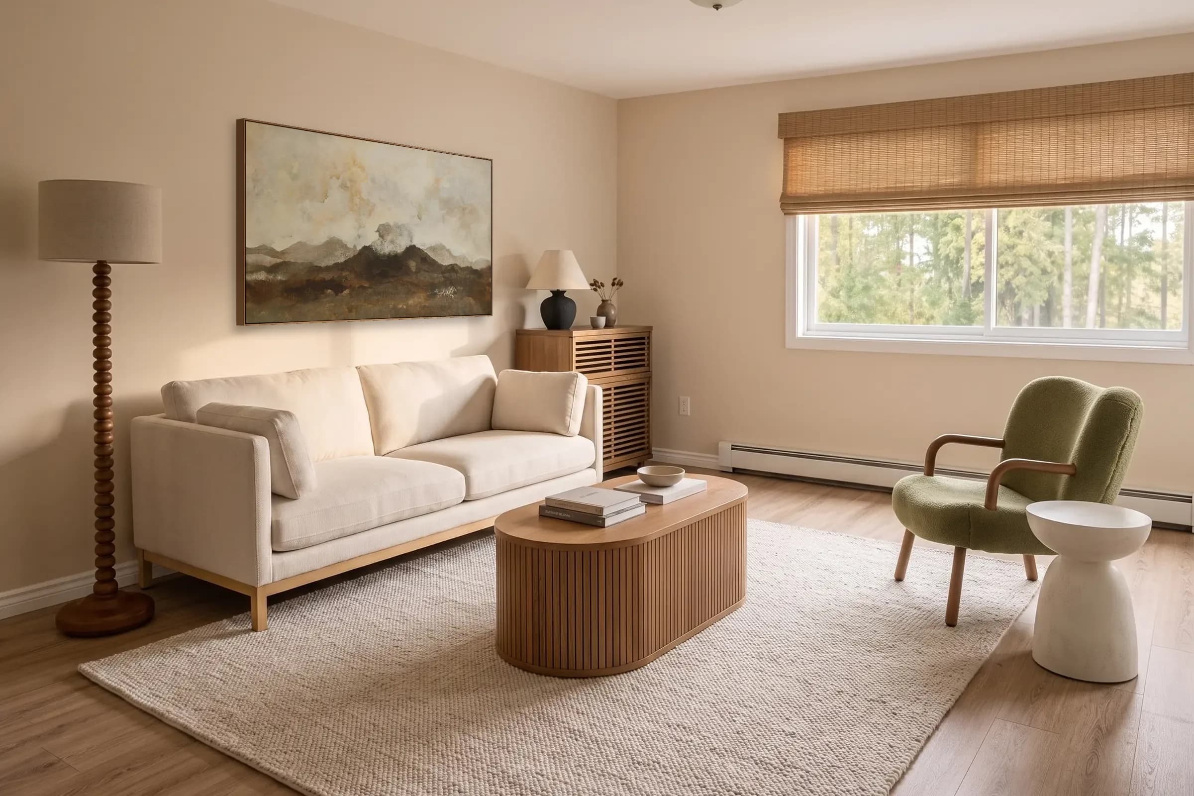 A living-room design concept furnished with the real products shown in this playground — tap any piece to explore it